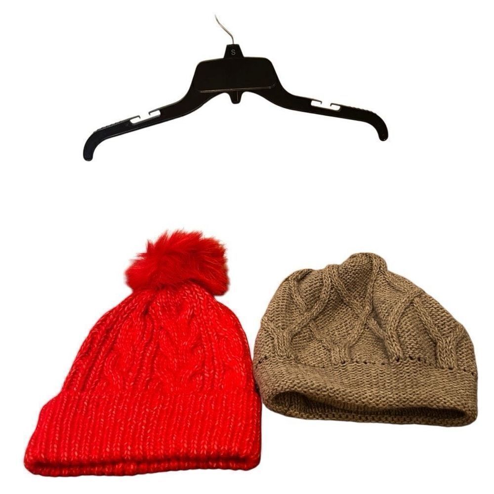Loft lot of 2 beanie Pom Pom hats red and gray